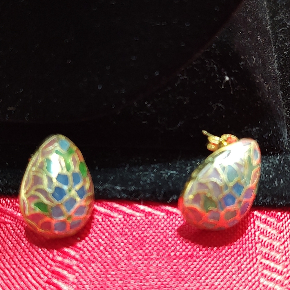 Plique A Jour Cloisonne stud pierced vintage earrings